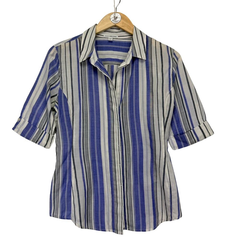 JAMES PERSE Blue Striped Button Down Shirt Womens 2 / Medium Half Cuffed Sleeve